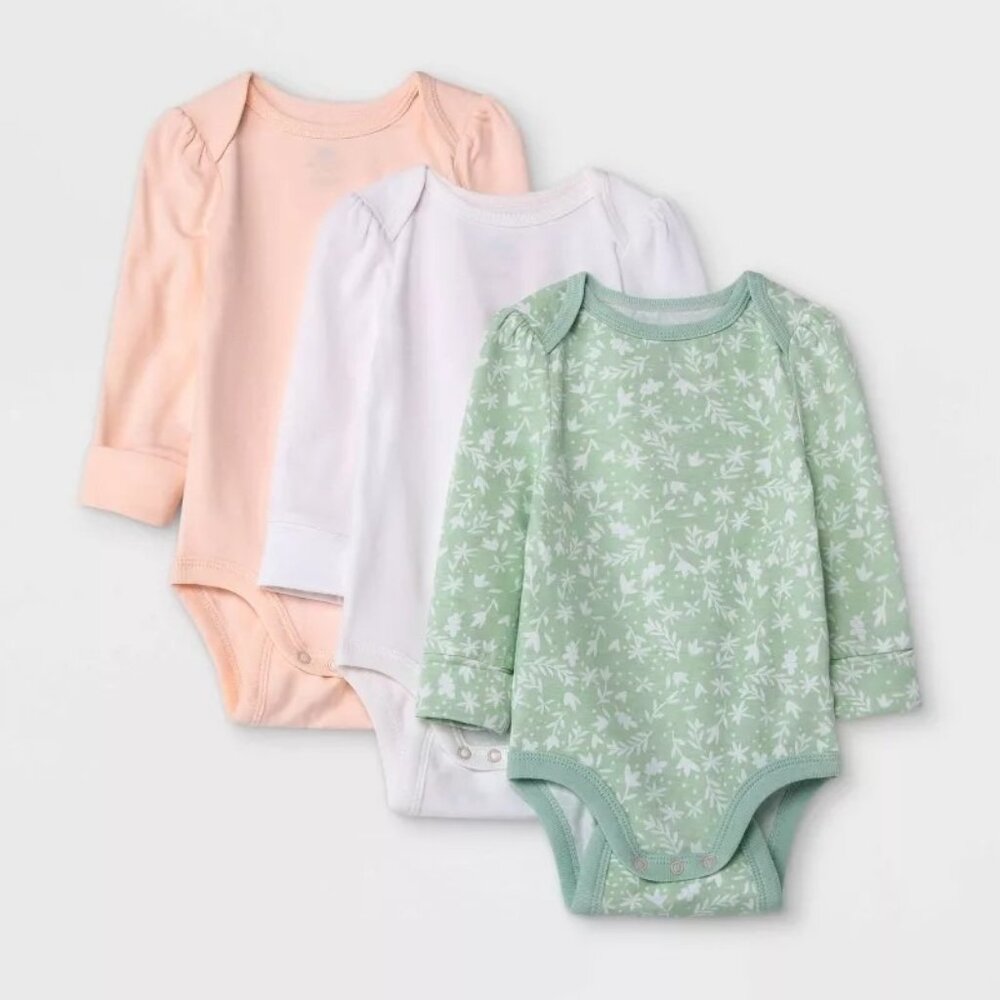 Cloud Island Baby Girls' 3pk Go & Grow Long Sleeve Bodysuit Multicolor 0-6M